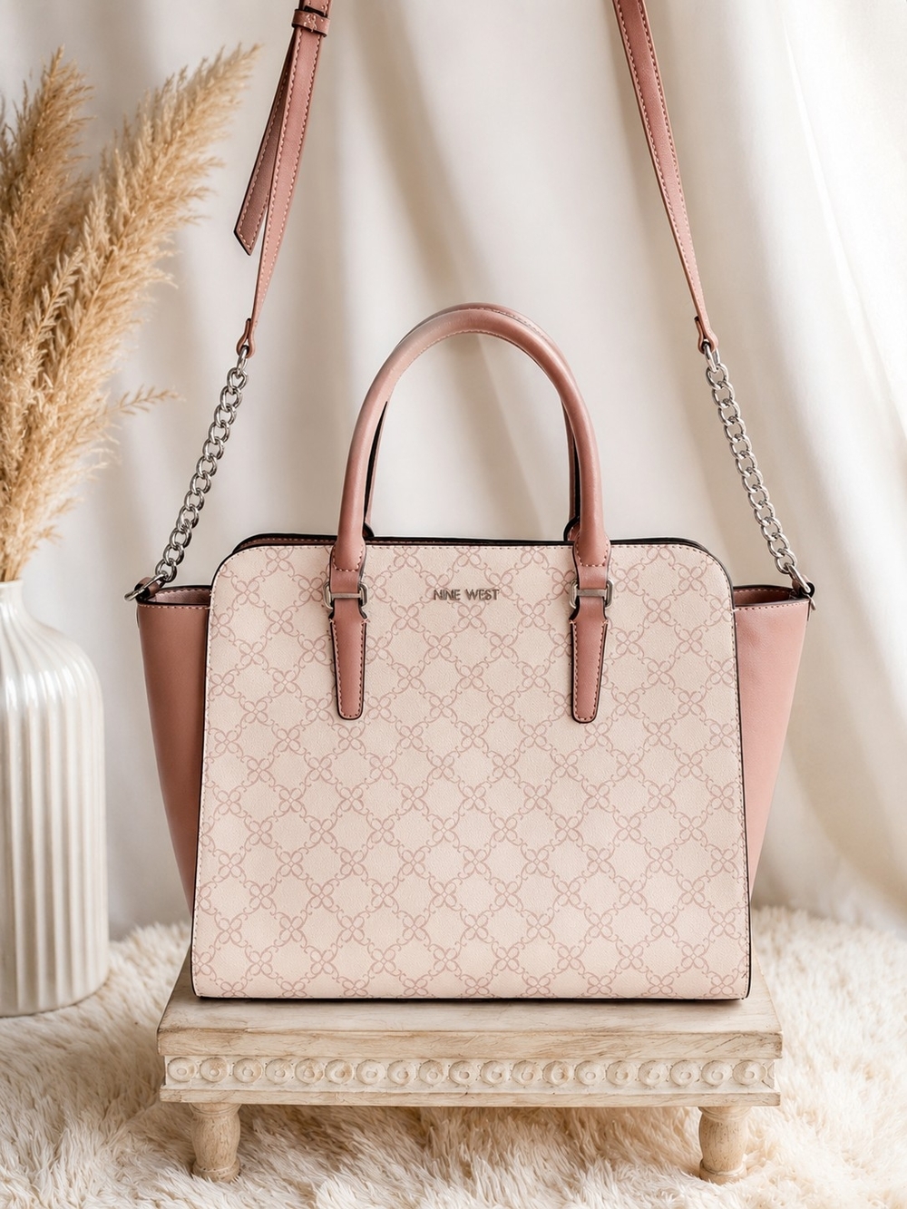 Nine West Blush Pink Monogram Satchel Crossbody Purse Chain Strap Handbag